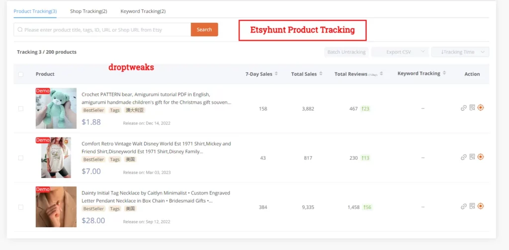 Etsyhunt Product Tracking